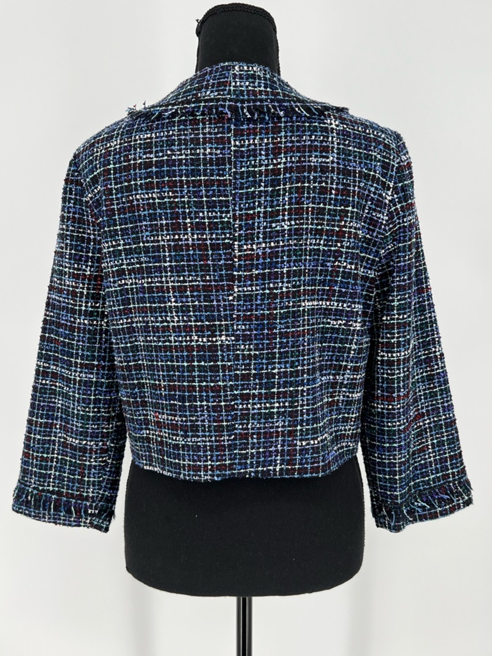 Karl Lagerfeld Paris blue tweed open-front blazer collarless W/fringe trim - Picture 4 of 10